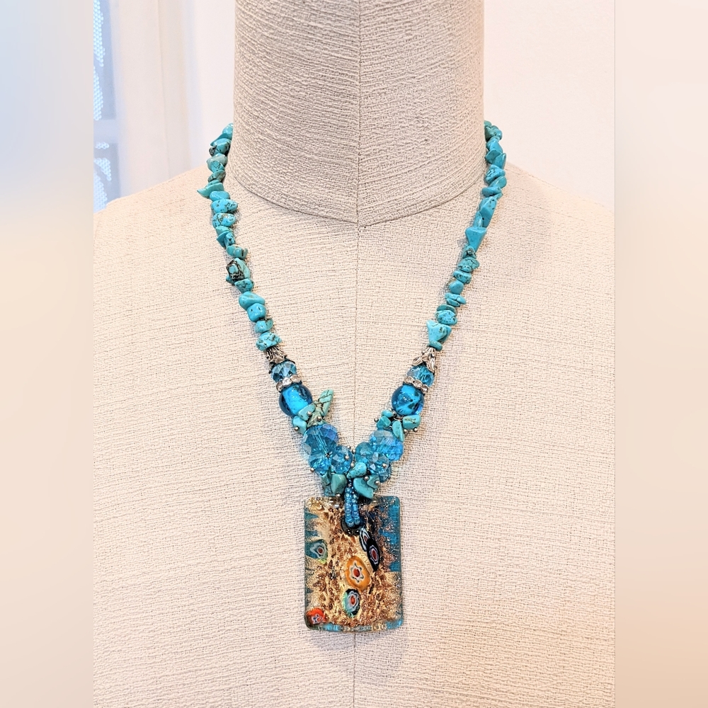 Turquoise Murano glass pendant New necklace 24" sky blue gold swirls fancy glam